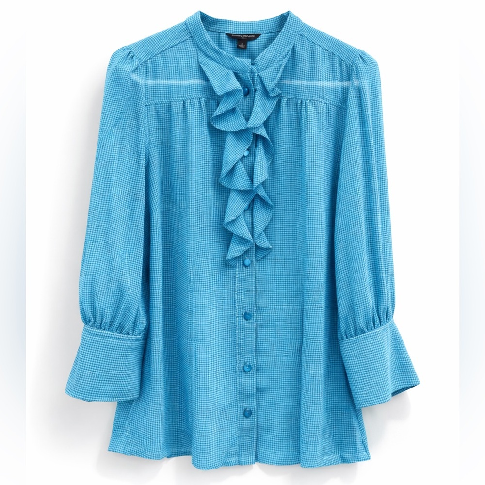 Banana Republic Ruffle Front Blouse Size 6 Blue Houndstooth Workwear Top